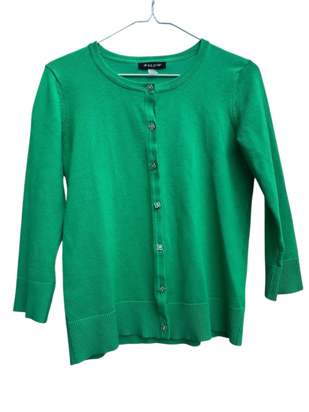 Cable & Gauge Green Cardigan Knit Sweater Flower Buttons 3/4 Sleeve Top Size S⁠